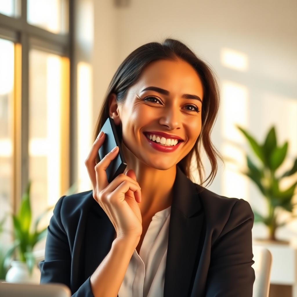 Happy business owner on a phone call from her home office