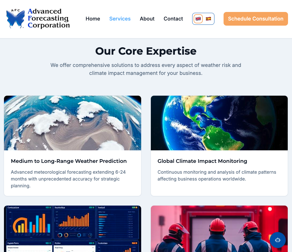 Advanced Forecasting Corporation website showcasing weather prediction and climate monitoring services