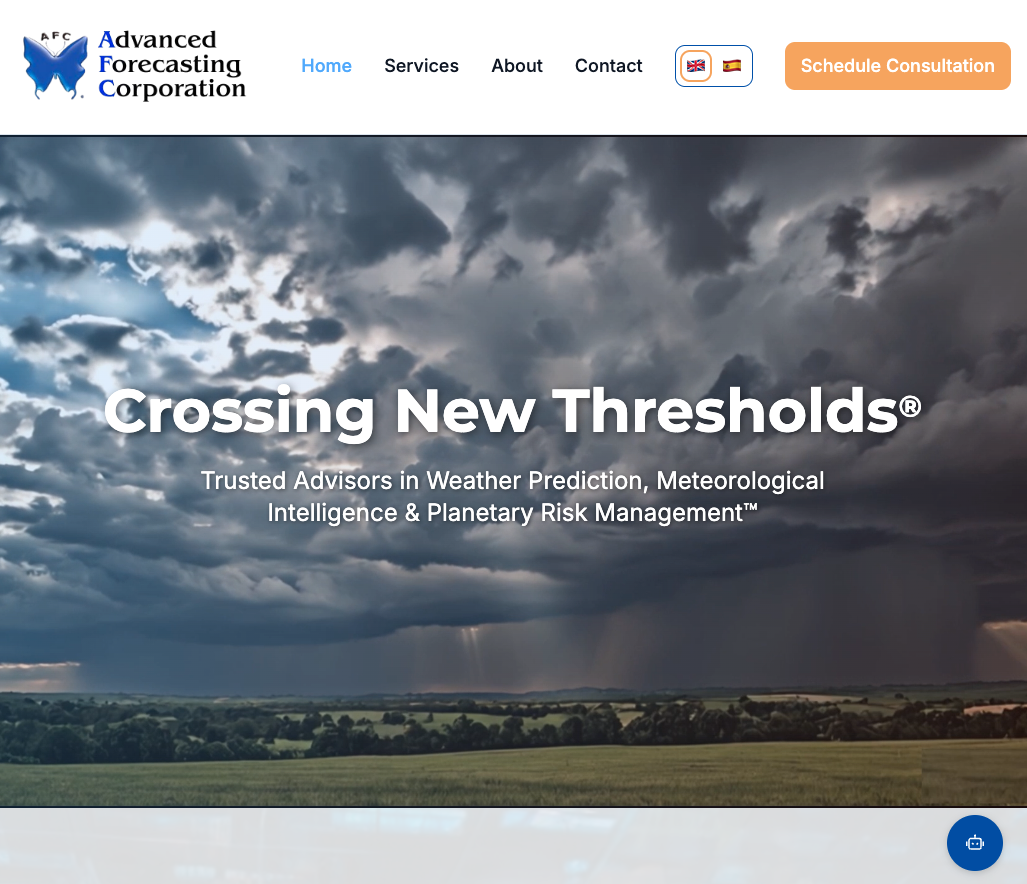 Advanced Forecasting Corporation website showcasing weather prediction and climate monitoring services